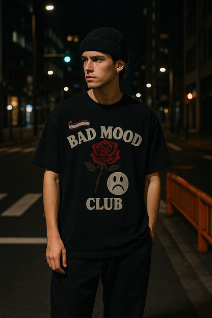 Unisex BAD MOOD CLUB Graphic T-Shirt – Sad Face &amp; Rose Dark Streetwear Tee