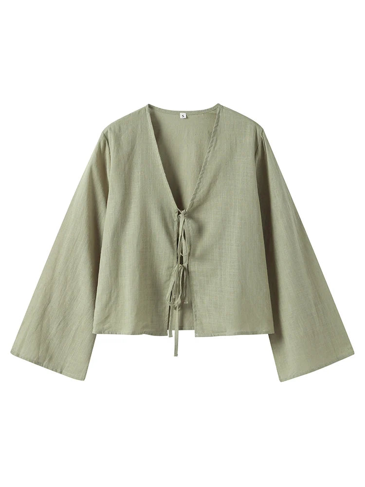 Cotton Linen Lace Up Bow Shirts Women Loose Hollow Out V Neck Long Sleeve Tops