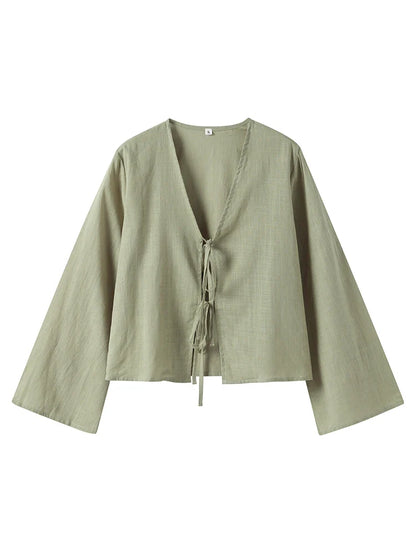 Cotton Linen Lace Up Bow Shirts Women Loose Hollow Out V Neck Long Sleeve Tops