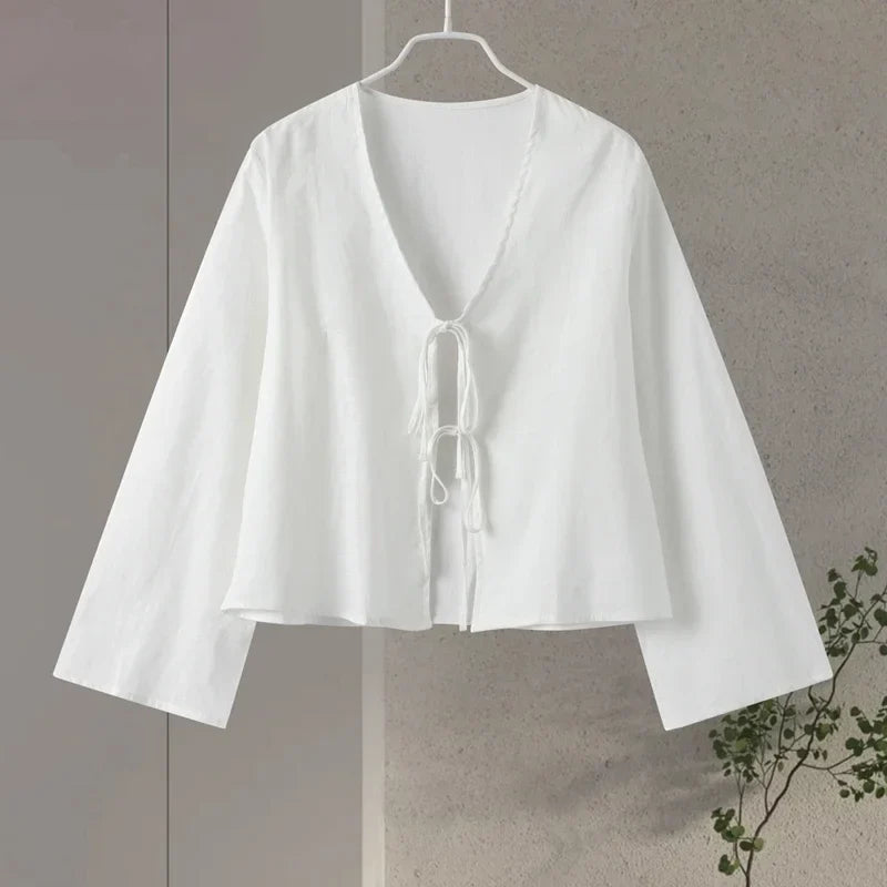 Cotton Linen Lace Up Bow Shirts Women Loose Hollow Out V Neck Long Sleeve Tops