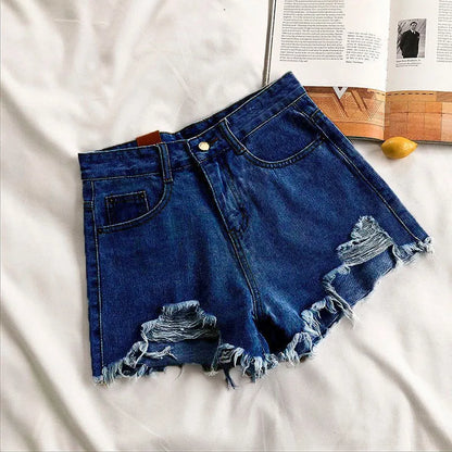 Pocket Tassel Perforated Denim Shorts Female