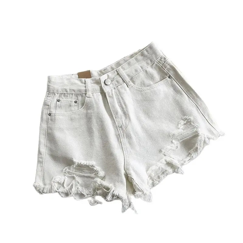 Pocket Tassel Perforated Denim Shorts Female