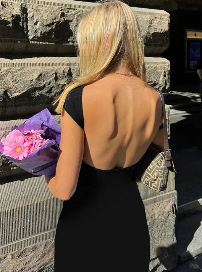 Elegant Short Sleeve Bodycon Maxi Dress O-neck Backless Lady Dresses