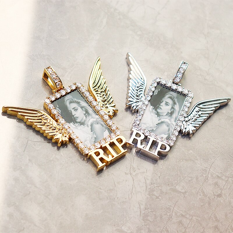 Rectangle Shape Angel Wing Custom Made Photo Pendant Necklace