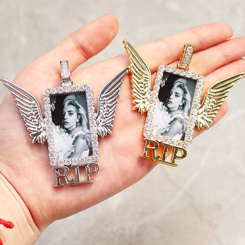 Rectangle Shape Angel Wing Custom Made Photo Pendant Necklace