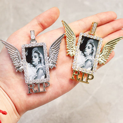 Rectangle Shape Angel Wing Custom Made Photo Pendant Necklace