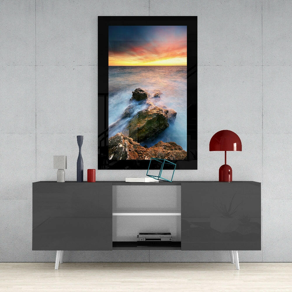 Misty Coastal Rocks Sunset Glass Wall Art