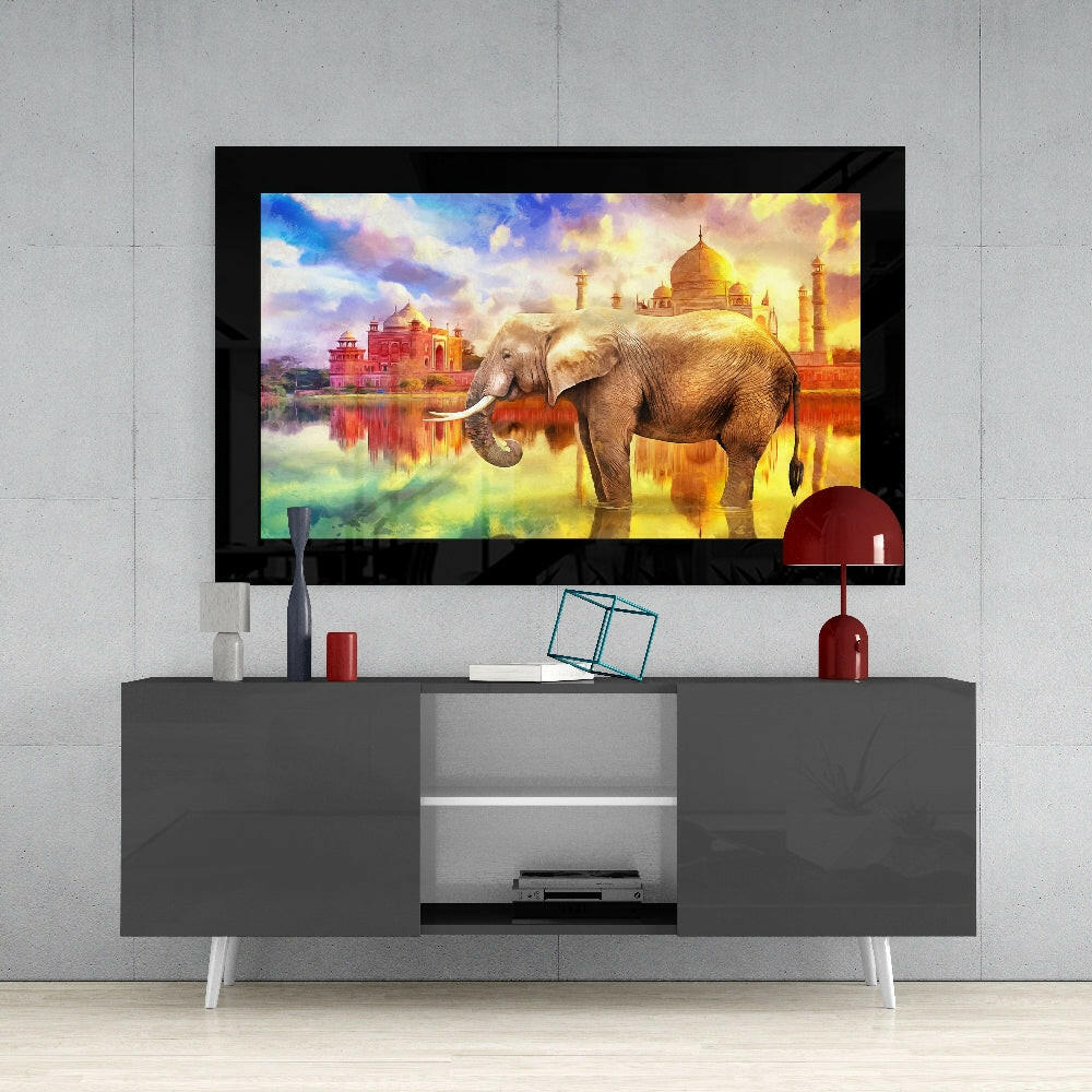 Golden Palace Reflection Elephant Glass Wall Art