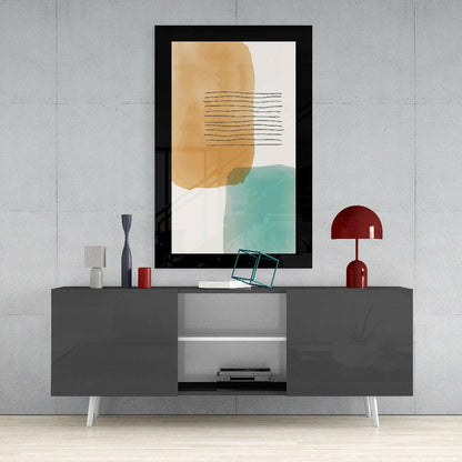 Ochre Teal Wash With Stripes Glass Wall Art