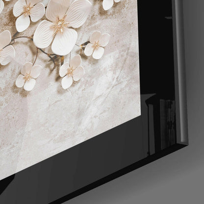 White Petal Tree On Stone Wall Tree of Life Glass Wall Art