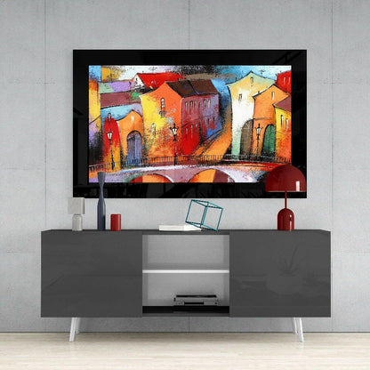 Vivid Old Town Bridge Houses Glass Wall Art