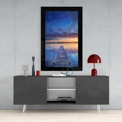 Long Jetty Into Blue Dusk Lake Glass Wall Art