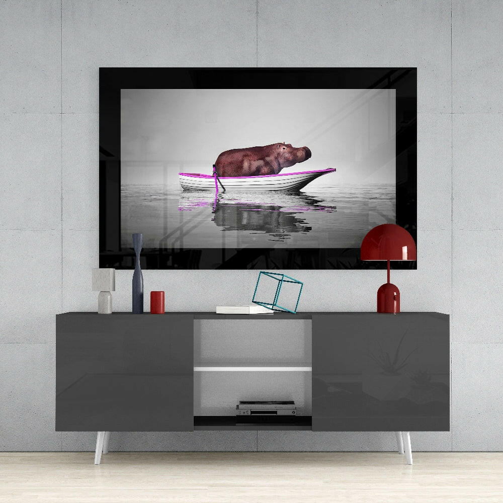 Hippo in Pink Trimmed Boat on Gray Glass Wall Art