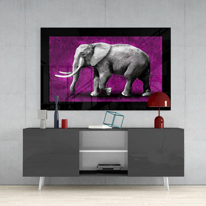 Monochrome Elephant Purple Grunge Glass Wall Art