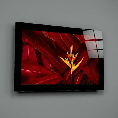 Yellow Heliconia Crimson Leaves Glass Wall Art