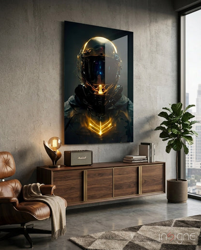Golden Neon Astronaut Helmet Glass Wall Art