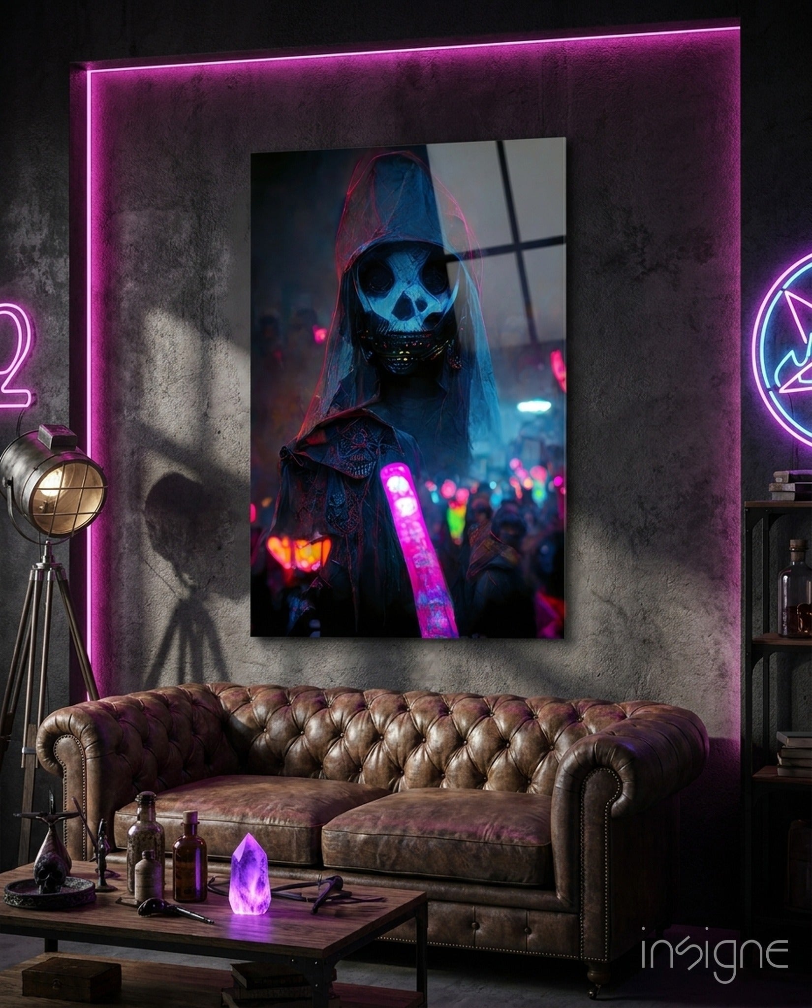 Neon Glow Stick Skull Mask Figure Glass Wall Art