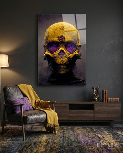 Yellow Skull With Purple Eyes Glass Wall Art