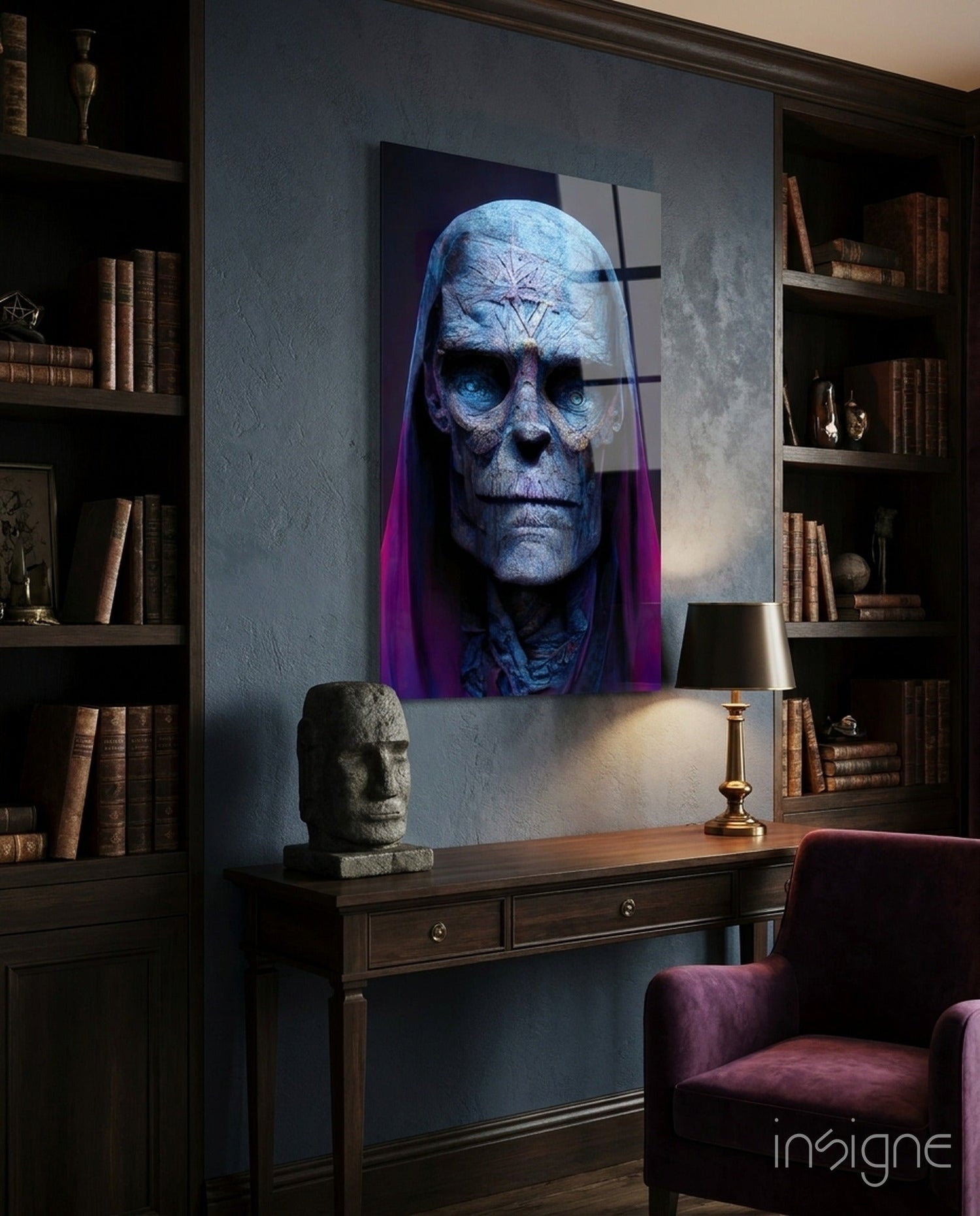 Blue Skull Elder In Magenta Veil Glass Wall Art