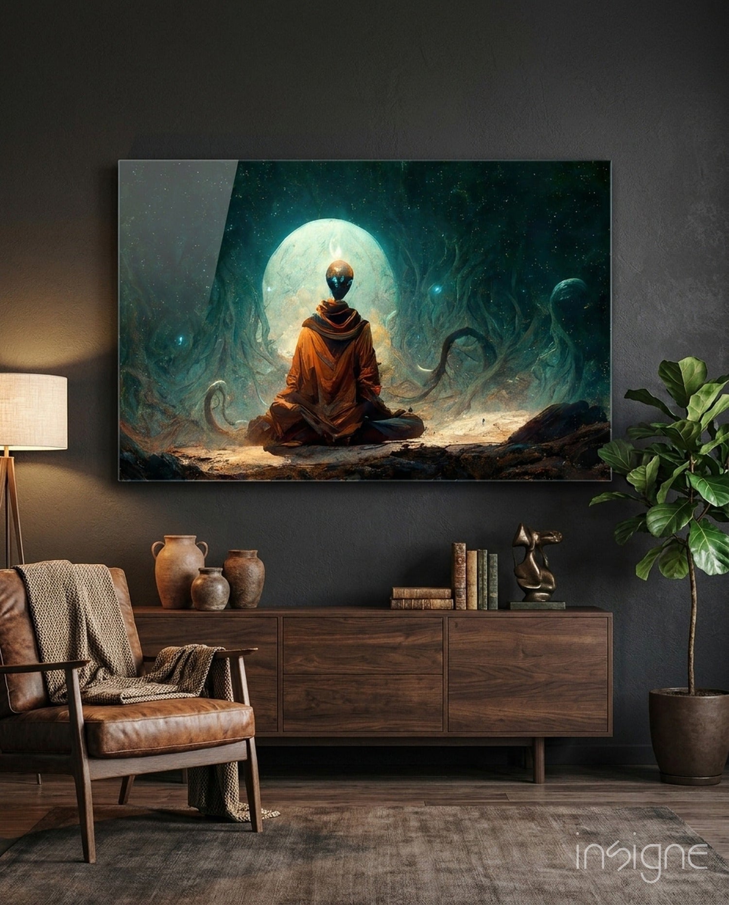 Orange Robed Monk Under Teal Moon Glass Wall Art