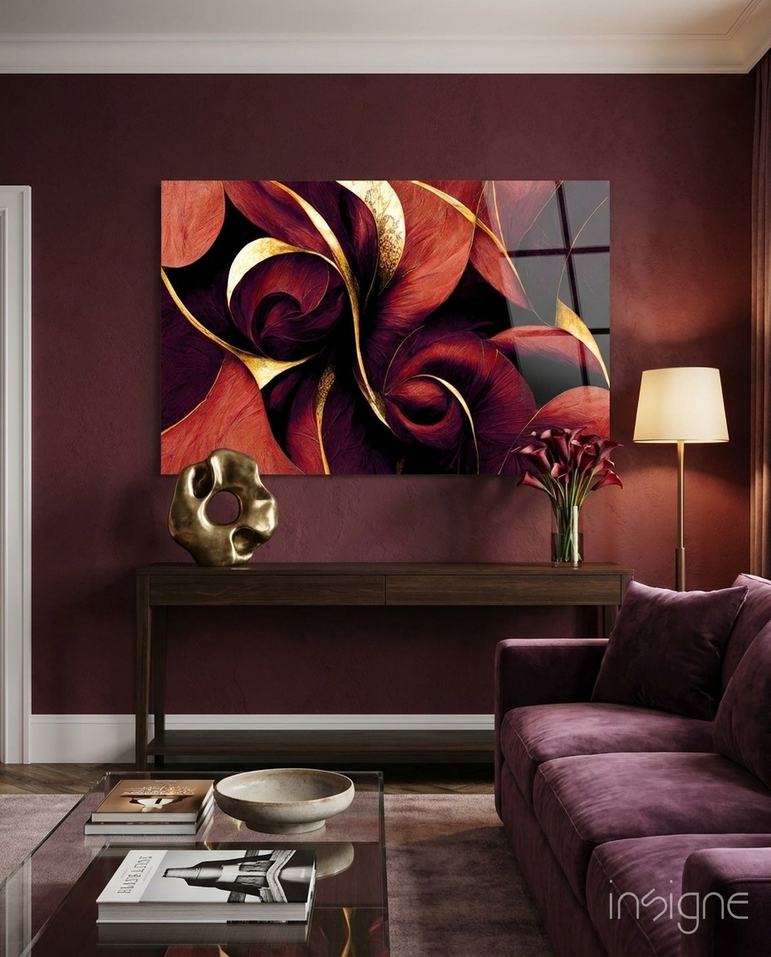 Crimson Petal Swirls Gold Ribbon Glass Wall Art