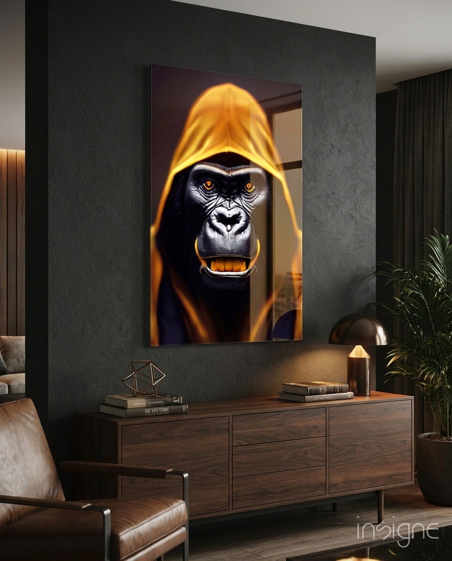 Glowing Amber Hood Gorilla Portrait Glass Wall Art