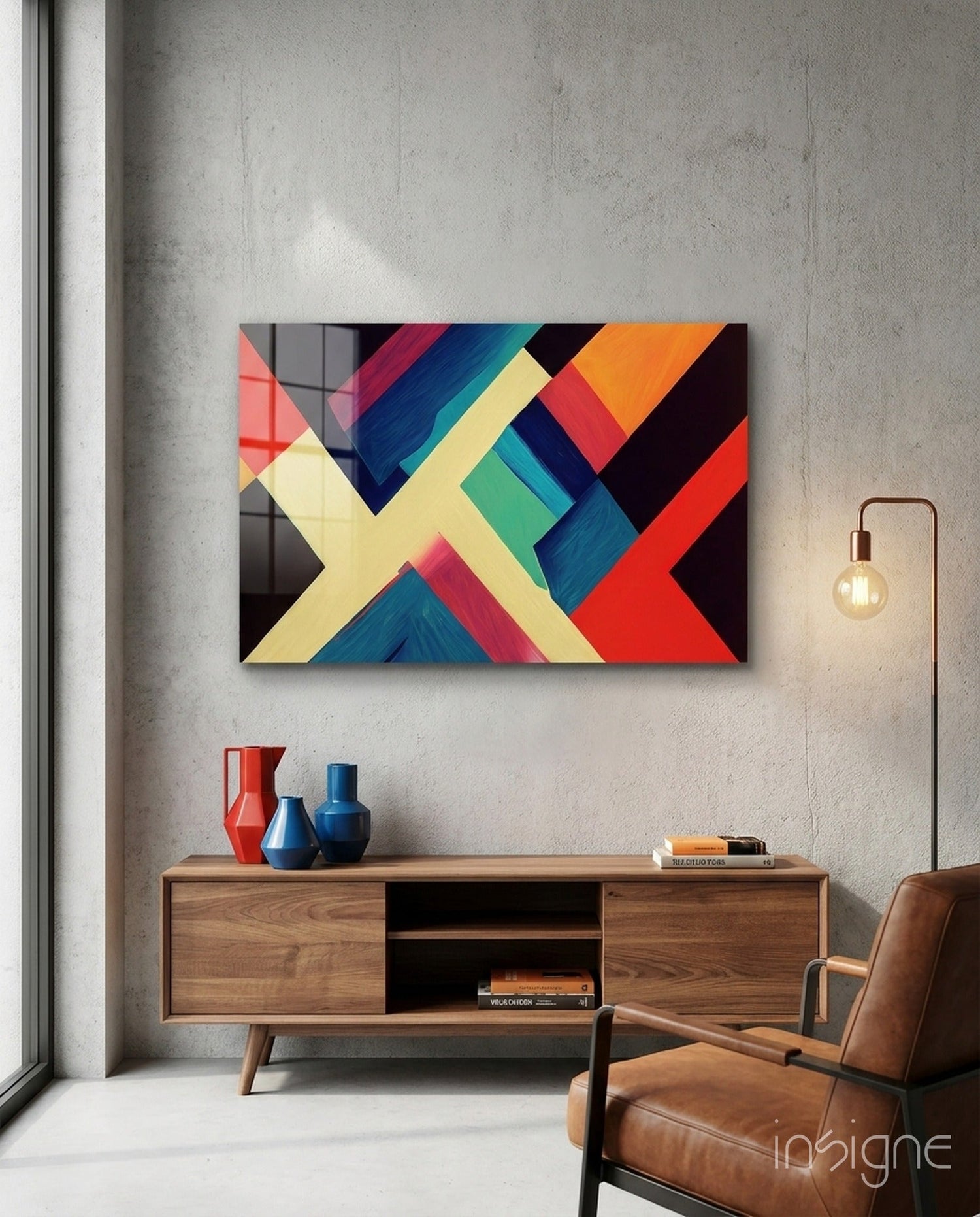 Ivory X Beam Orange and Red Blocks Glass Wall Art