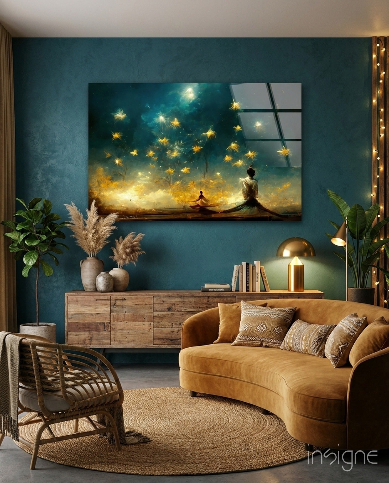 Meditation Falling Stars Teal Glass Wall Art
