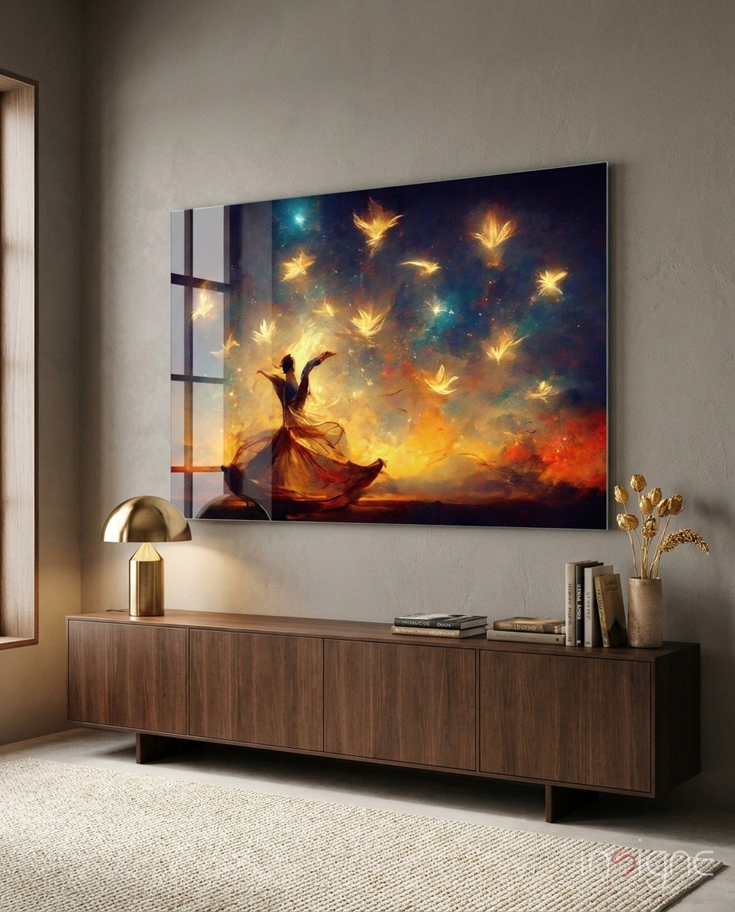Dancer Glowing Birds Sunset Glass Wall Art