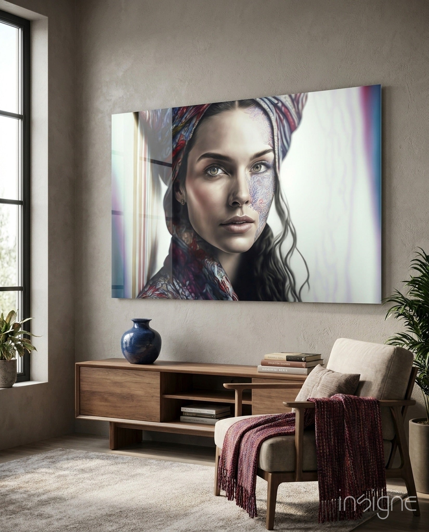 Paisley Scarf Woman Floral Face Tattoo Glass Wall Art