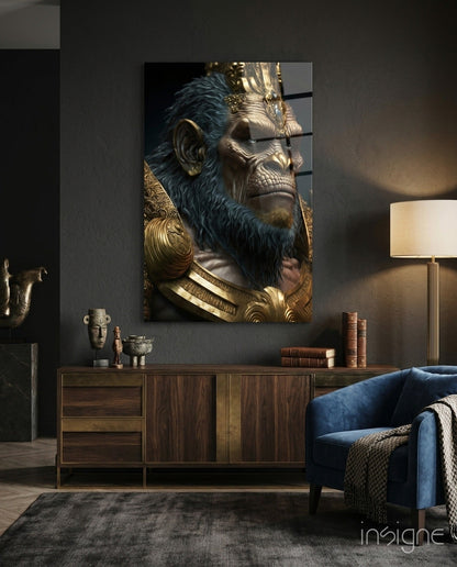 Blue Fur Gorilla in Gold Armor Glass Wall Art
