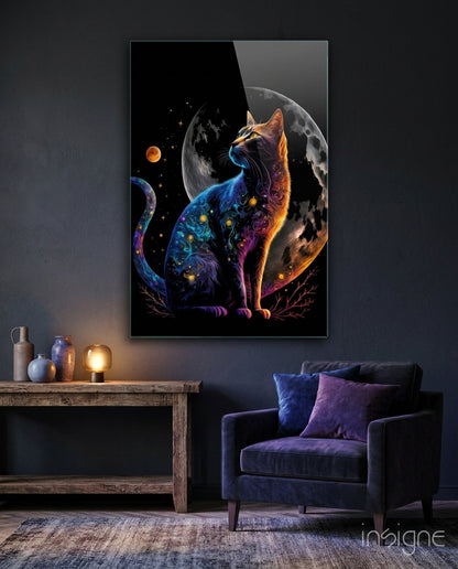 Glowing Blue Cat Silhouette Full Moon Glass Wall Art