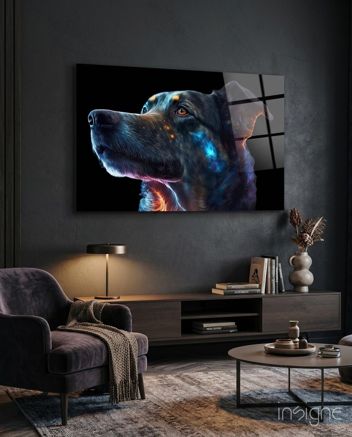 Golden Blue Glowing Dog Portrait Glass Wall Art