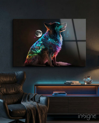 Rainbow Neon Sitting Dog And Moon Glass Wall Art