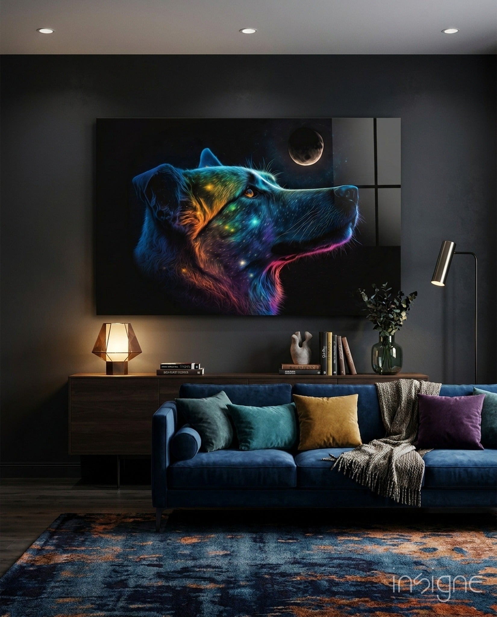 Neon Dog Profile Crescent Moon Glass Wall Art