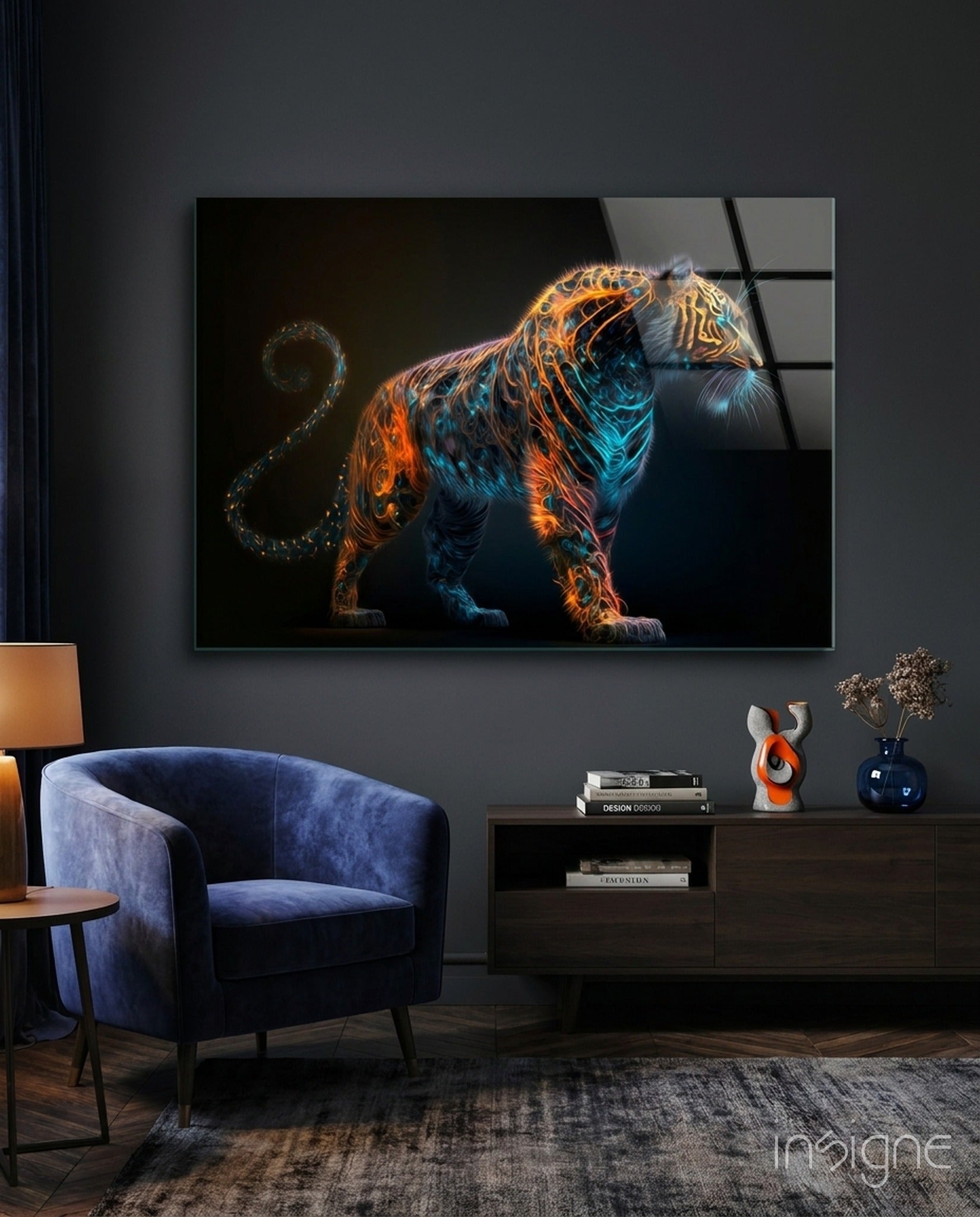 Copper Teal Standing Tiger Curl Tail Glass Wall Art