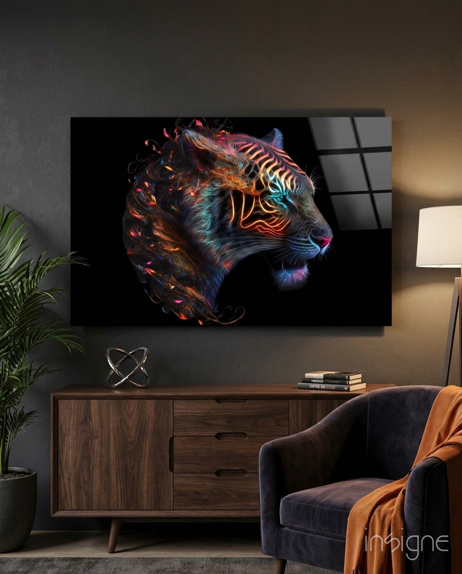 Fiery Swirl Leopard Head Profile Glass Wall Art