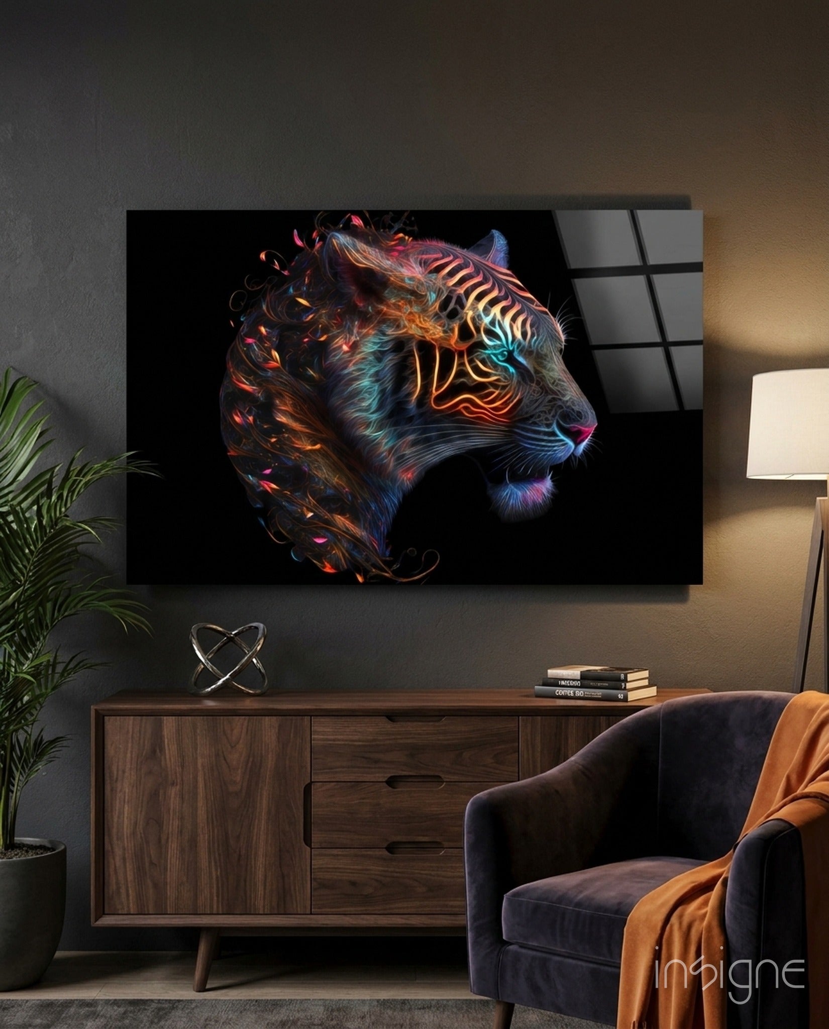 Fiery Swirl Leopard Head Profile Glass Wall Art