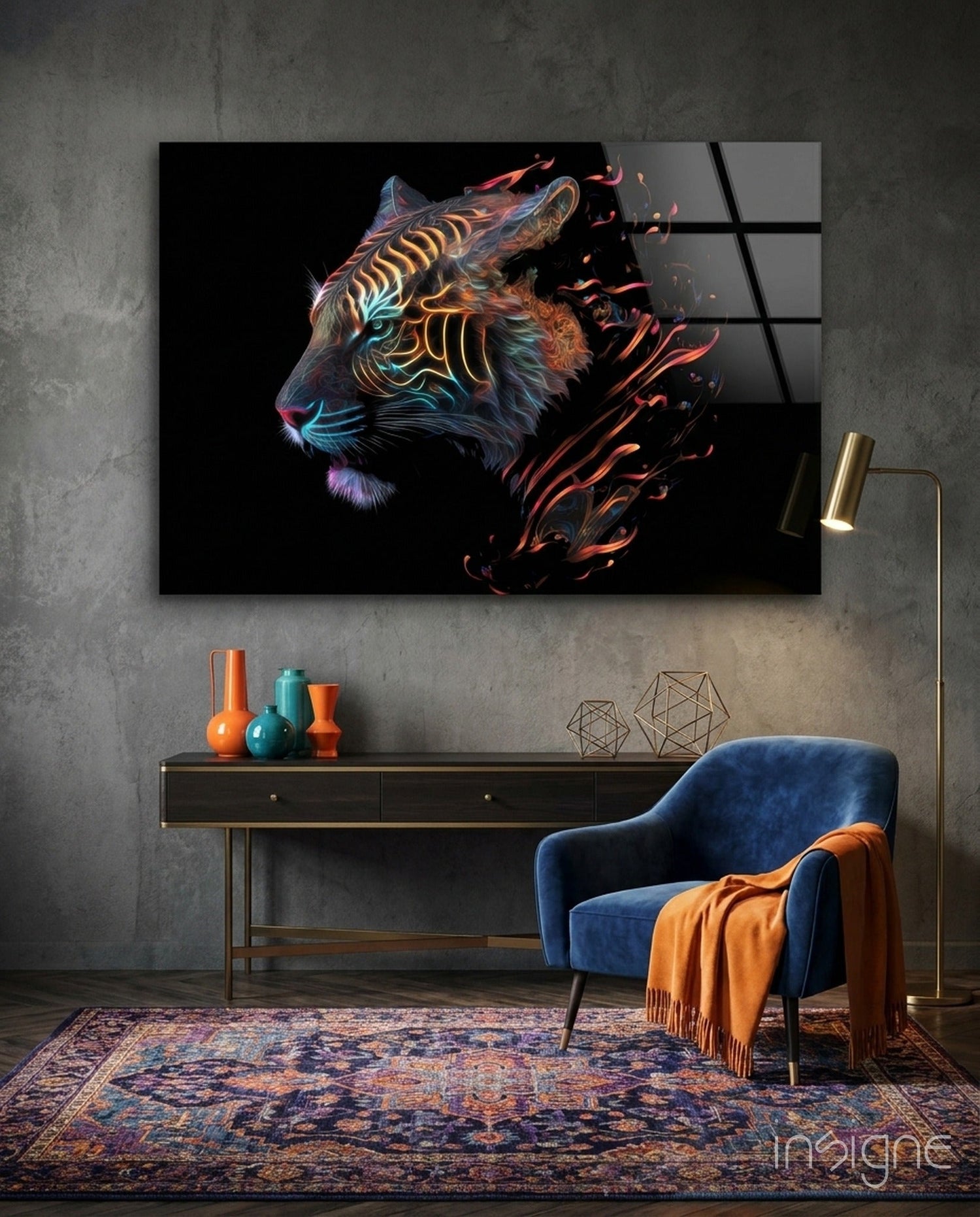 Neon Outline Tiger Head Flames Glass Wall Art