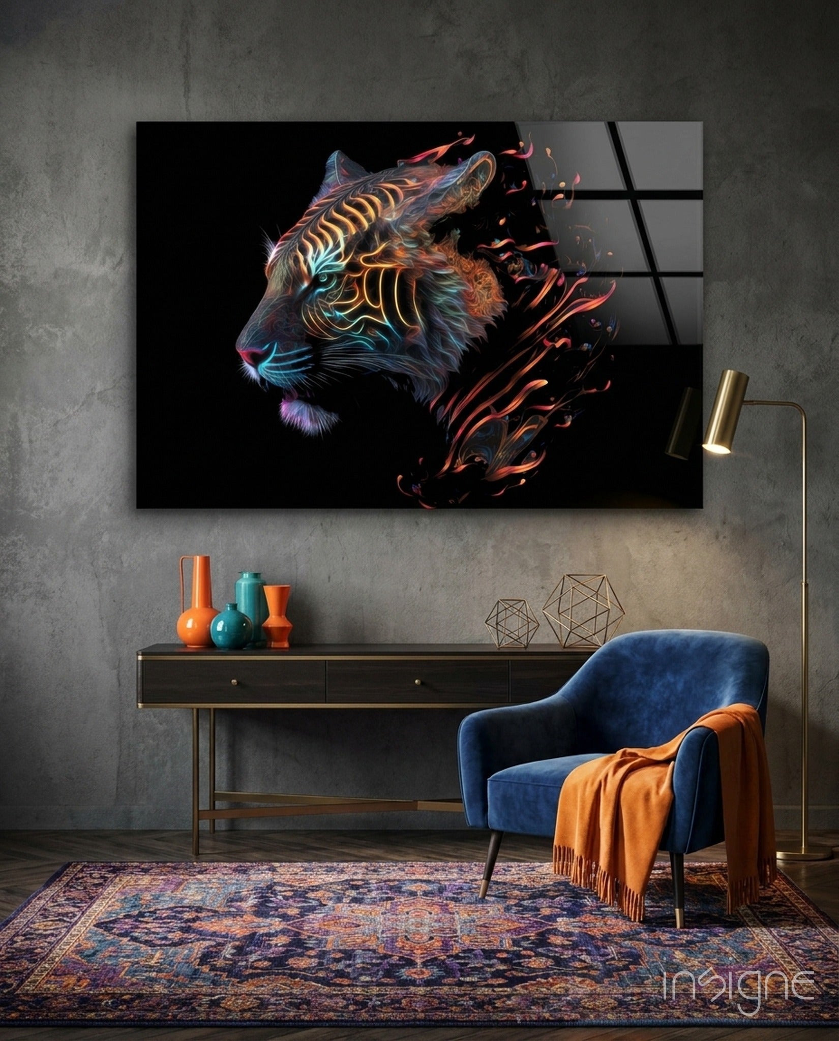 Neon Outline Tiger Head Flames Glass Wall Art