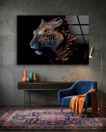 Neon Outline Tiger Head Flames Glass Wall Art