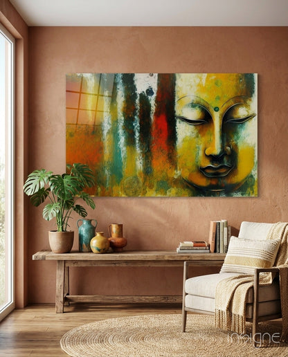 Buddha Face Teal and Rust Abstract Glass Wall Art