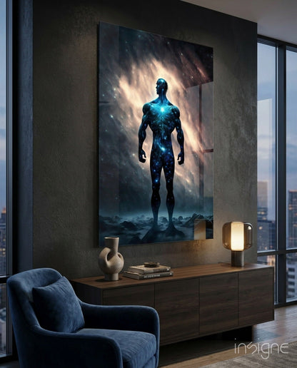 Nebula Cosmic Man On Rocky Ground Glass Wall Art