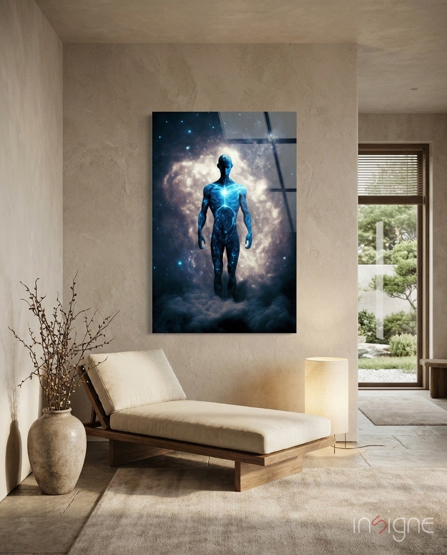 Starlit Figure Rising Over Clouds Glass Wall Art
