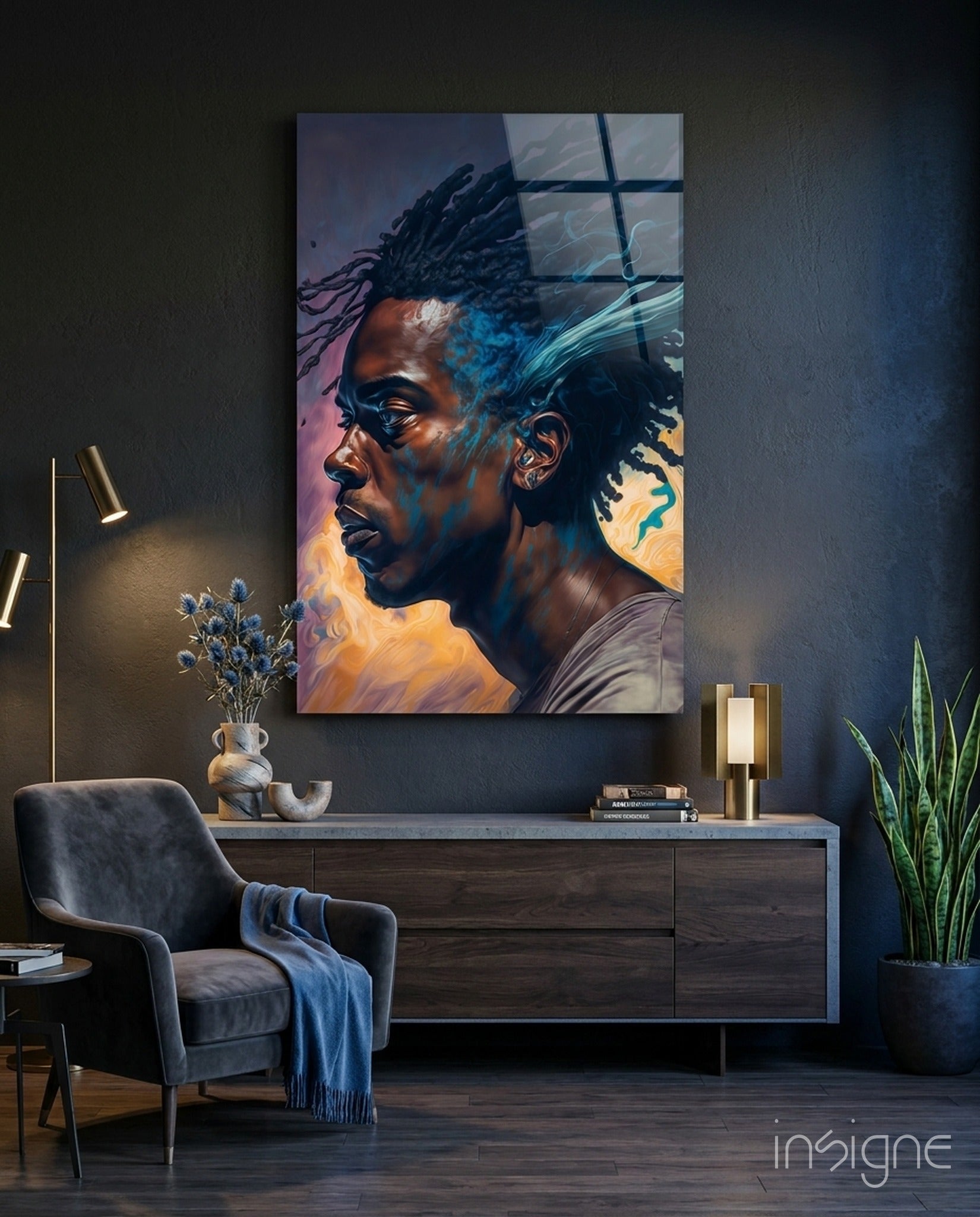 Blue Locs Man Profile On Orange Glass Wall Art