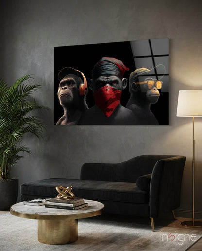 3 Wise Monkey Glass Wall Art  || Designer Collection