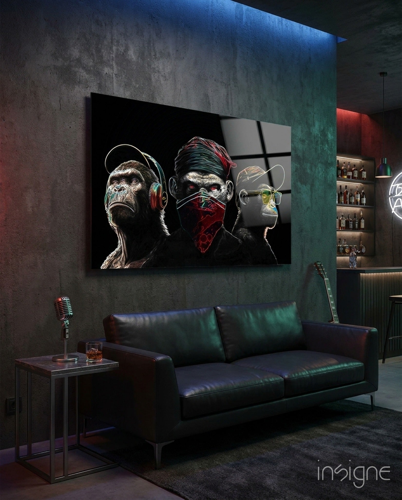 3 Wise Monkeys - Neon Lines Glass Wall Art  || Designer Collection