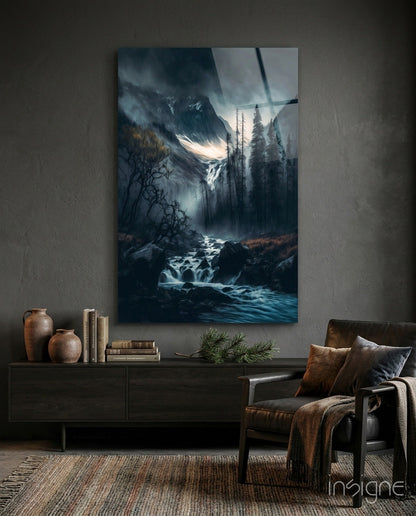 Dusk Gorge Misty Pines Rapids Glass Wall Art