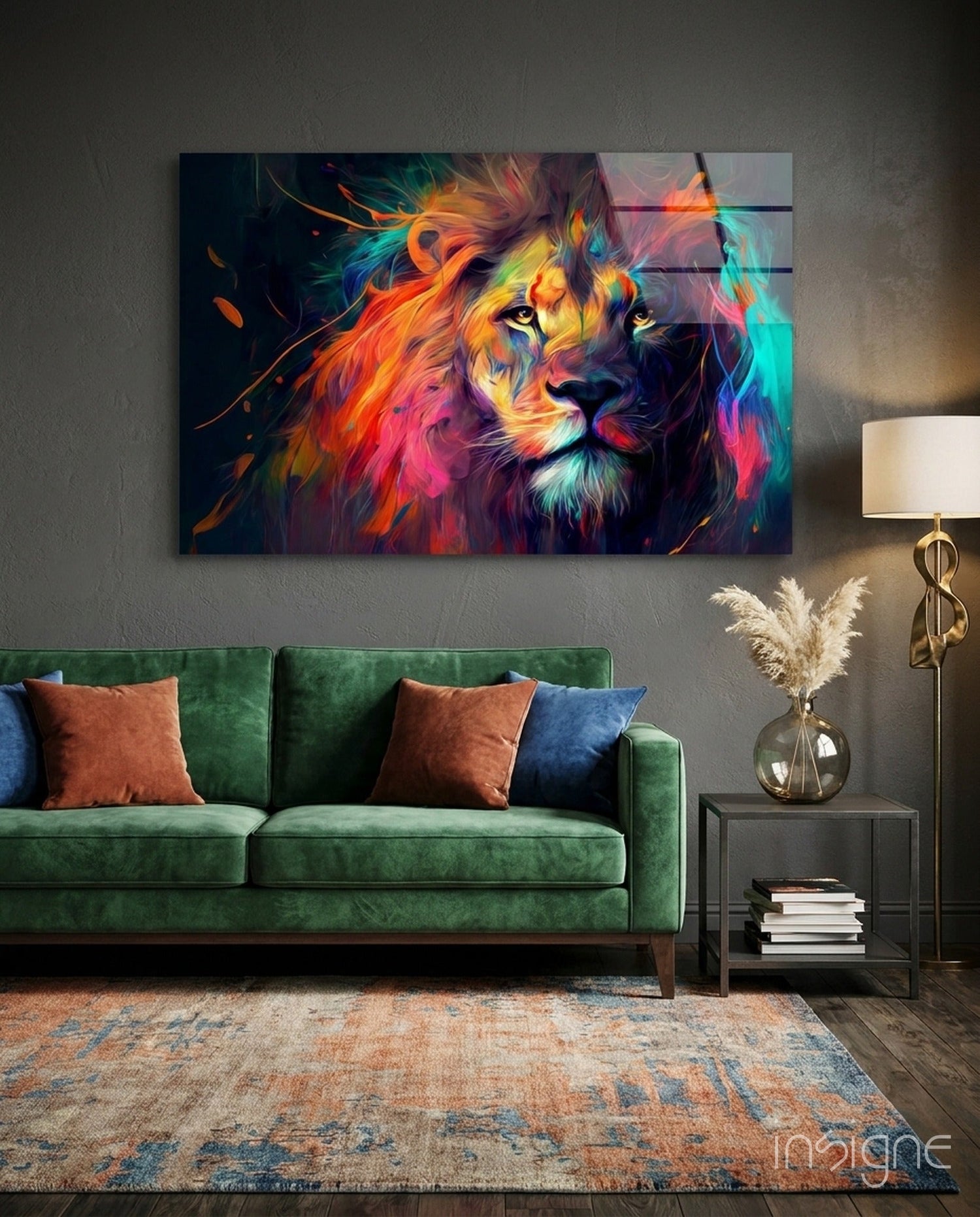 Sunset Orange Flowing Mane Lion Glass Wall Art