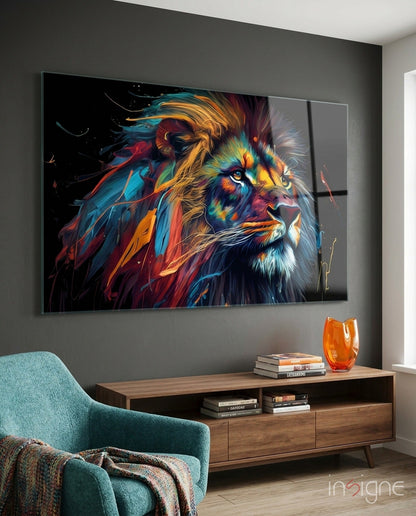 Gold Blue Windswept Roaring Lion Glass Wall Art